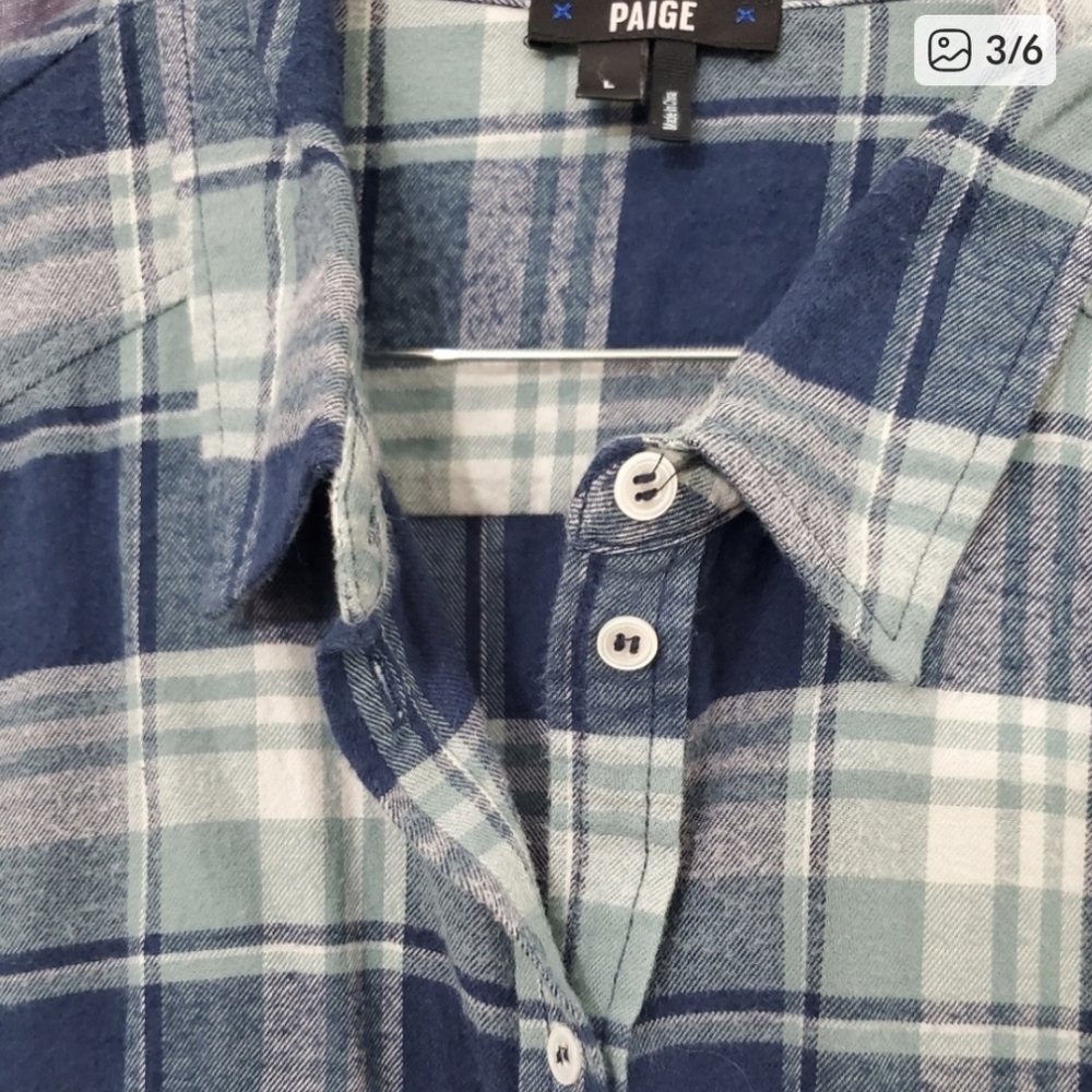 PAIGE Navy and Gteen Blue Plaid Shirt Large - Picture 4 of 5